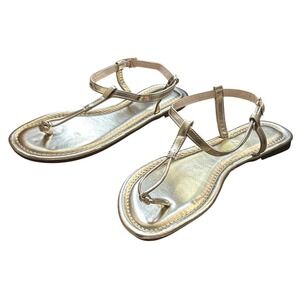 Gold Metallic T-Strap Thong Sandals Flat Ankle Strap Dressy Summer Shoes EU 40